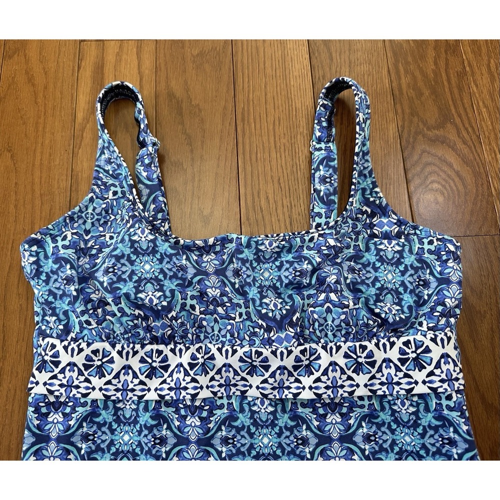 Lands' End Tankini Swim Top Blue Geometric Print Size 10 Adjust Straps